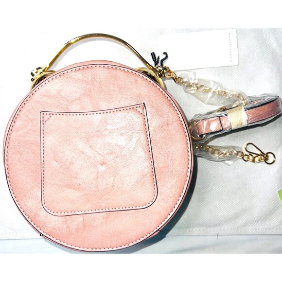 Round Pink Faux Leather Crossbody Purse Functional Clock Face Design Gold Accent - Picture 7 of 7